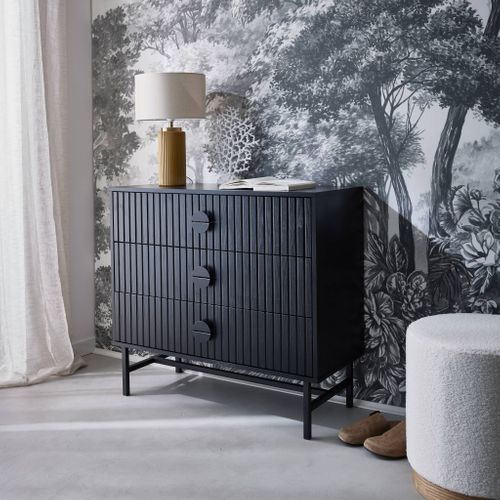 Commode 3 Tiroirs Effet Bois Rainuré Noir Bazalt