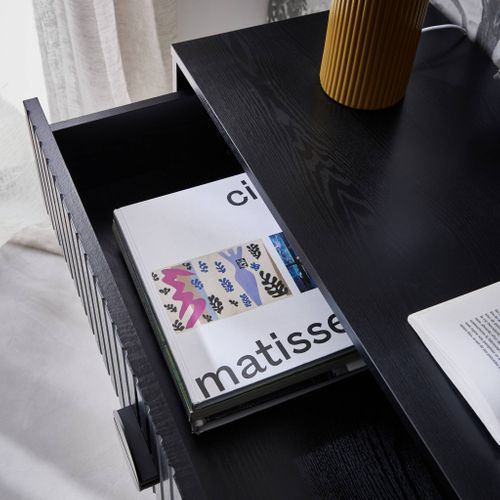 Commode 3 Tiroirs Effet Bois Rainuré Noir Bazalt