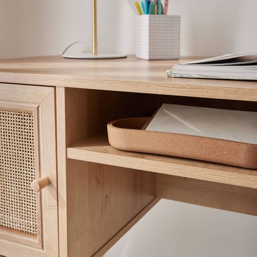 Bureau Cannage Et Décor Bois Avec 2 Portes. 1 Casier Ouvert. Pieds Compas