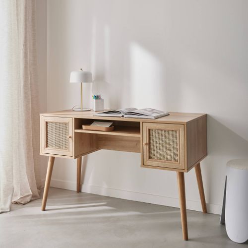 Bureau Cannage Et Décor Bois Avec 2 Portes. 1 Casier Ouvert. Pieds Compas