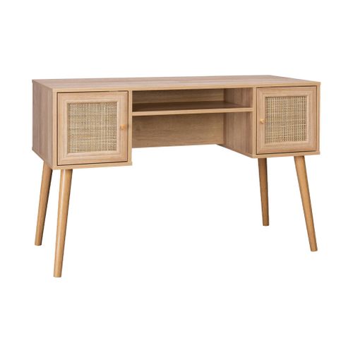 Bureau Cannage Et Décor Bois Avec 2 Portes. 1 Casier Ouvert. Pieds Compas