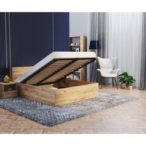 Lit Coffre Paris 140 X 190 Cm Avec Sommier à Lattes Relevable Chêne