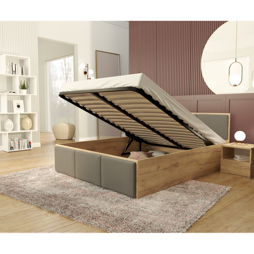 Lit Coffre Barcelona 160 X 200 Cm Avec Sommier à Lattes Relevable Chêne - Gris Fonce