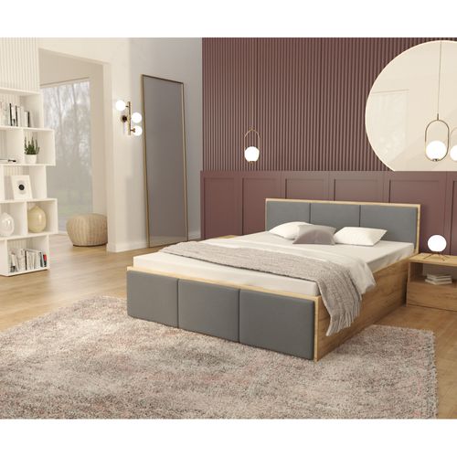 Lit Coffre Barcelona 160 X 200 Cm Avec Sommier à Lattes Relevable Chêne - Gris Fonce