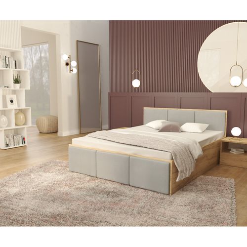 Lit Coffre Barcelona 140 X 190 Cm Avec Sommier à Lattes Relevable Chêne - Gris Clair