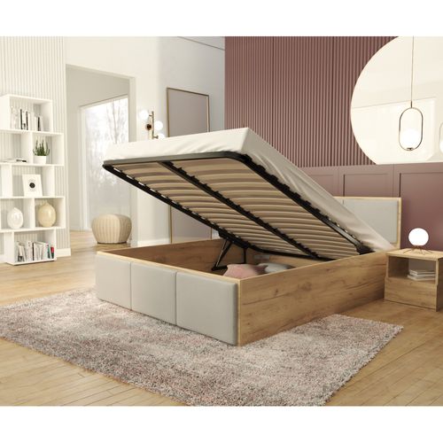 Lit Coffre Barcelona 140 X 190 Cm Avec Sommier à Lattes Relevable Chêne - Gris Clair