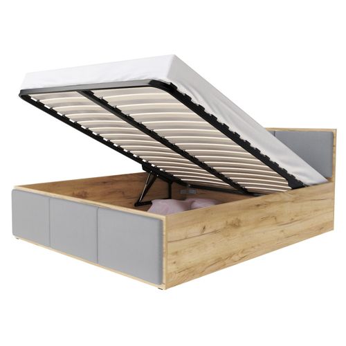 Lit Coffre Barcelona 140 X 190 Cm Avec Sommier à Lattes Relevable Chêne - Gris Clair