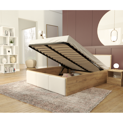 Lit Coffre Barcelona 140 X 190 Cm Avec Sommier à Lattes Relevable Chêne - Blanc