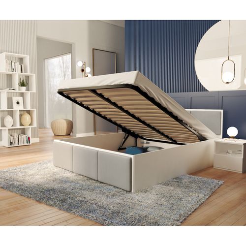 Lit Coffre Barcelona 140 X 190 Cm Avec Sommier à Lattes Relevable Blanc - Gris Clair