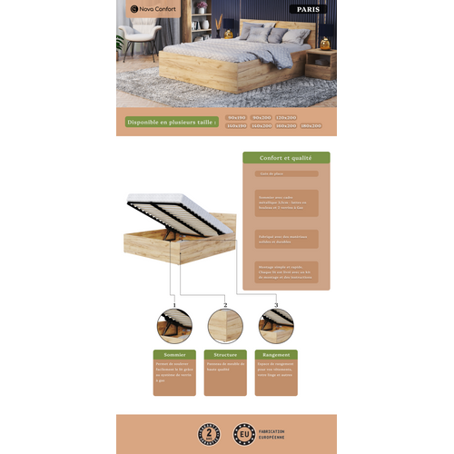 Lit Coffre Paris 140 X 200 Cm Avec Sommier à Lattes Relevable Blanc