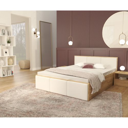 Lit Coffre Barcelona 140 X 200 Cm Avec Sommier à Lattes Relevable Chêne - Blanc