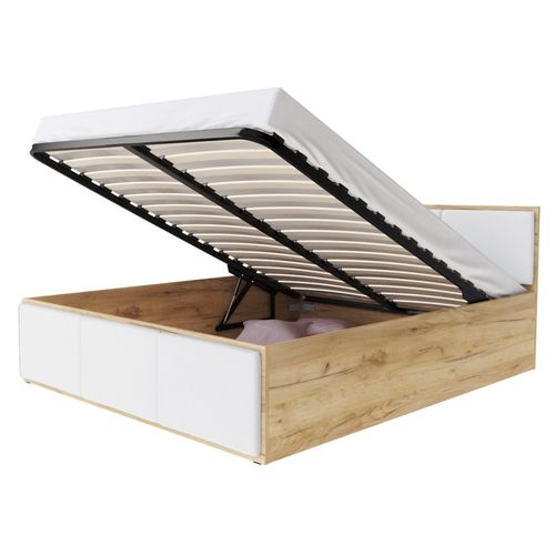 Lit Coffre Barcelona 120 X 200 Cm Avec Sommier à Lattes Relevable Chêne - Blanc