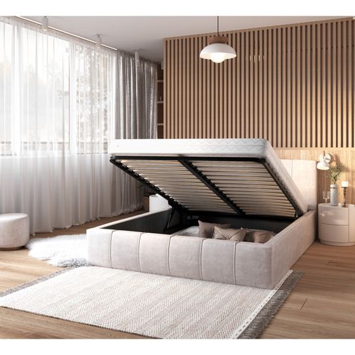 Lit Coffre Atlanta 120 X 200 Cm Avec Sommier à Lattes Relevable Beige