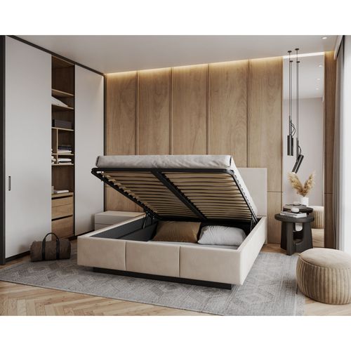 Lit Coffre Aveiro 160 X 200 Cm Avec Sommier à Lattes Relevable Crème