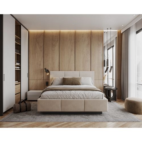 Lit Coffre Aveiro 160 X 200 Cm Avec Sommier à Lattes Relevable Crème