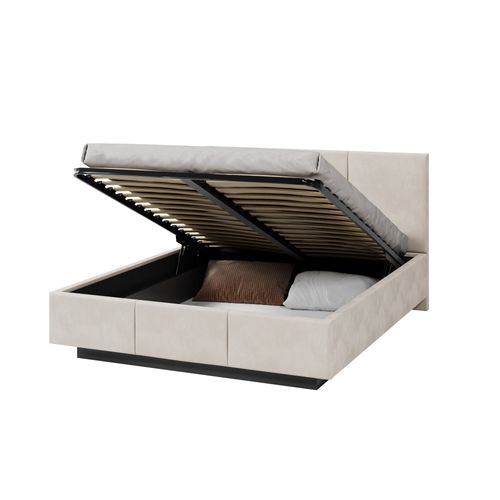 Lit Coffre Aveiro 160 X 200 Cm Avec Sommier à Lattes Relevable Crème