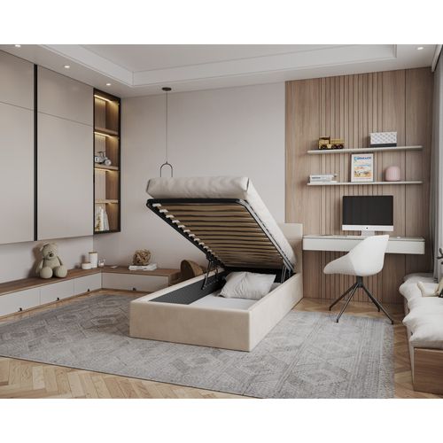 Lit Coffre Vegas 90 X 200 Cm Avec Sommier à Lattes Relevable Beige