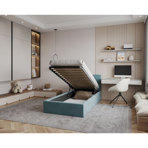 Lit Coffre Vegas 90 X 200 Cm Avec Sommier à Lattes Relevable Azur