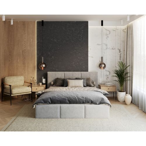 Lit Coffre Tulum 160 X 200 Cm - Velours Cotelé - Avec Sommier à Lattes Relevable Gris Clair