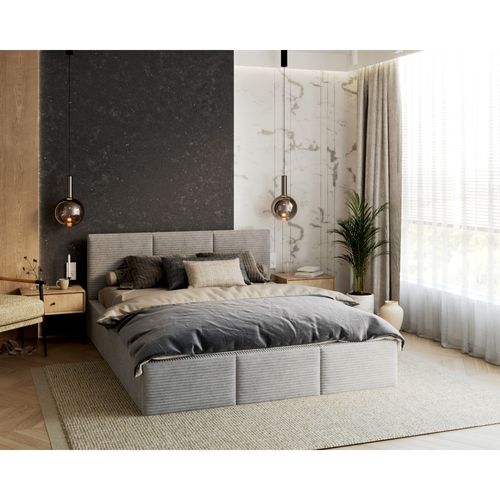 Lit Coffre Tulum 160 X 200 Cm - Velours Cotelé - Avec Sommier à Lattes Relevable Gris Clair