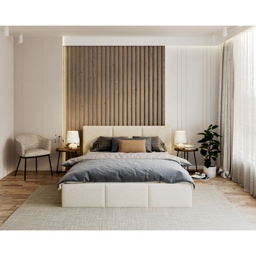 Lit Coffre Tulum 160 X 200 Cm - Velours Cotelé - Avec Sommier à Lattes Relevable Beige