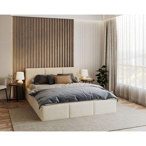 Lit Coffre Tulum 120 X 200 Cm - Velours Cotelé - Avec Sommier à Lattes Relevable Beige