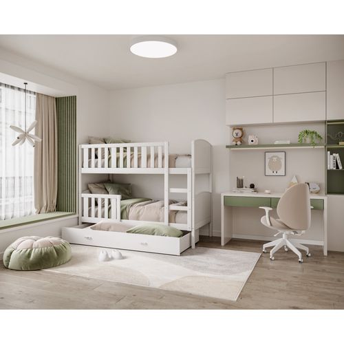 Lit  Superposé  Tedy 80x160 Cm - 2 Matelas , 2 Sommiers Et Tiroir Inclus Blanc