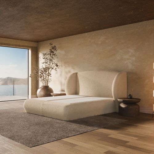 Lit Tapissier à ressorts 160x200cm - Tissu Bouclé Beige Luxe Design- Plénitude Par Drimz