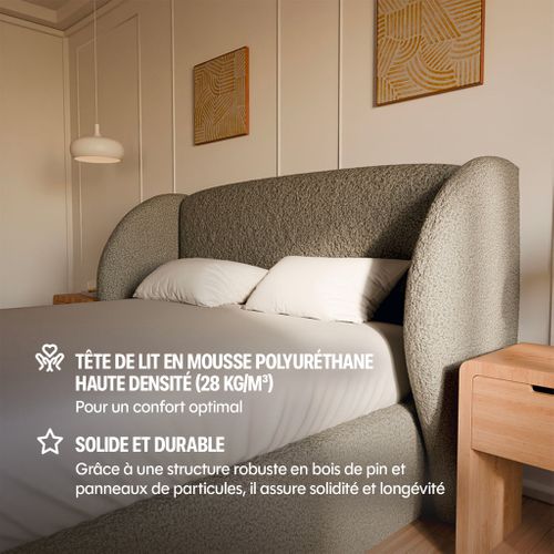 Lit Tapissier à ressorts 160x200cm - Tissu Bouclé Luxe Design- Plénitude Par Drimz