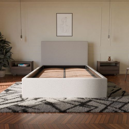Lit Coffre 140x190cm Sans Tête - Blanc Cassé - Tissu Bouclé - Emma