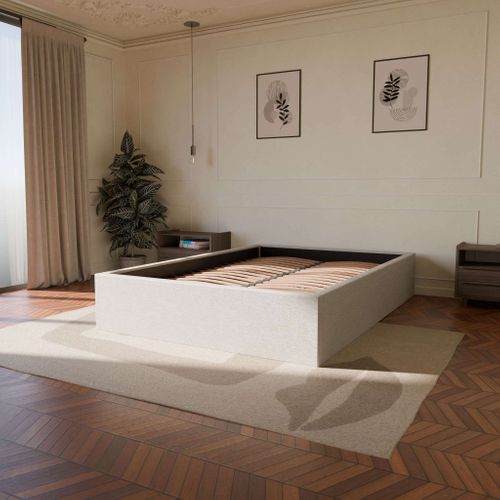 Lit Coffre 140x190cm Sans Tête - Blanc Cassé - Tissu Bouclé - Emma