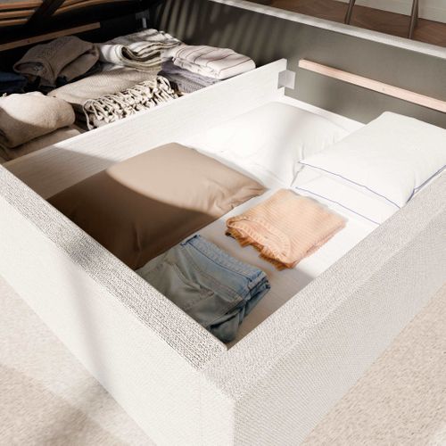 Lit Coffre 140x190cm Sans Tête - Blanc Cassé - Tissu Bouclé - Emma