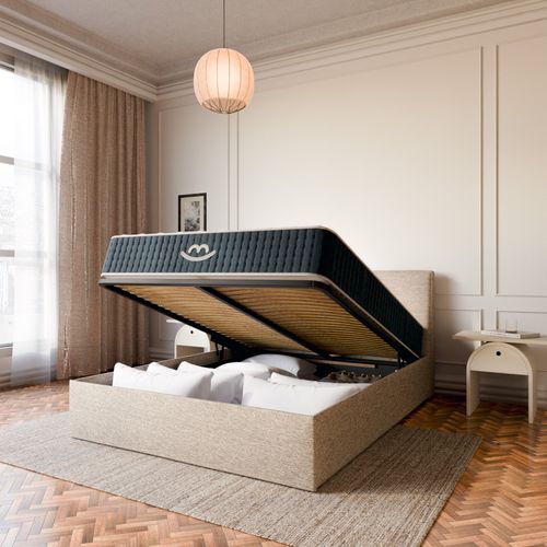 Pack Matelas Hybride 180x200cm Accueil à Mémoire De Forme Premium et Lit Coffre Beige