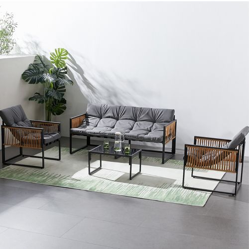 Turini - Salon De Jardin 5 Places Noir Effet Rotin Coussins Gris