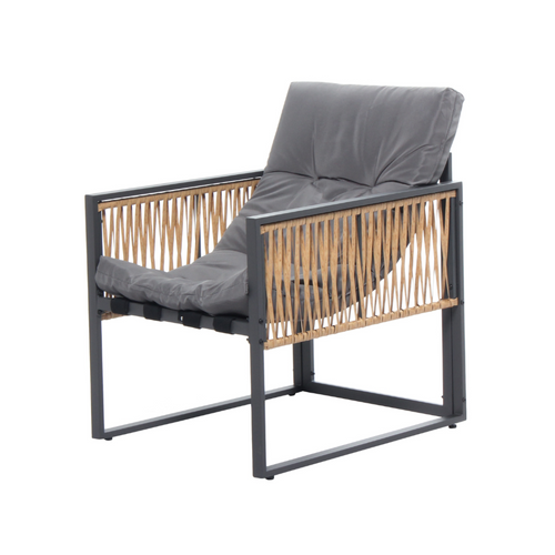 Turini - Salon De Jardin 5 Places Noir Effet Rotin Coussins Gris