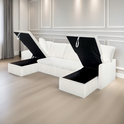 Mahé - Canapé Panoramique Convertible 4 Places En Velours Côtelé Avec Coffre - Beige