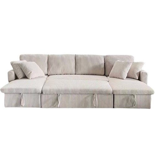 Mahé - Canapé Panoramique Convertible 4 Places En Velours Côtelé Avec Coffre - Beige