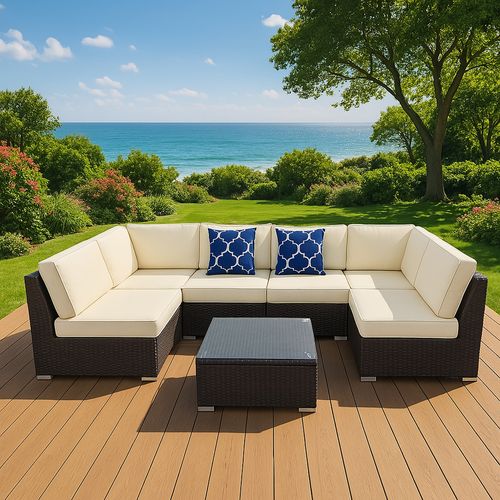 Aldabra - Salon De Jardin Modulable 6 Places En Résine Tressée - Marron Et Beige