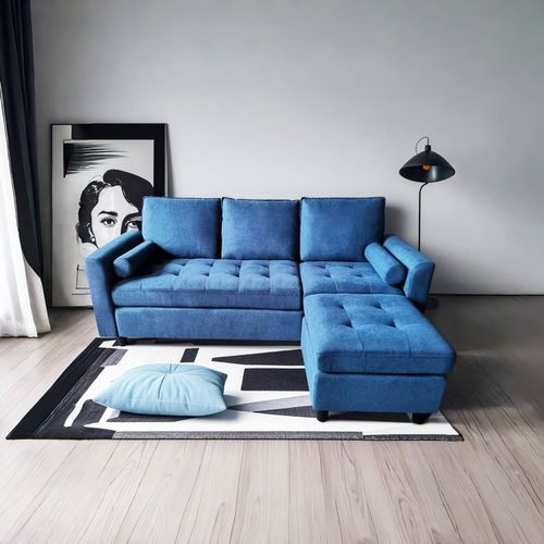 Coventry - Canapé 3 Places En Velours Avec Pouf Bleu