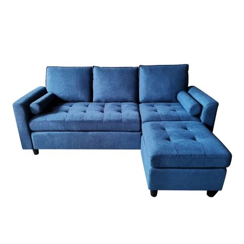 Coventry - Canapé 3 Places En Velours Avec Pouf Bleu