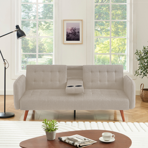 Inverness - Canapé 3 Places Convertible Avec Tablette Centrale Rabattable Beige