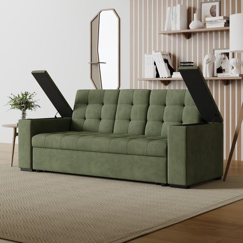 Noho - Canapé 3 Places Convertible Vert Velours Côtelé