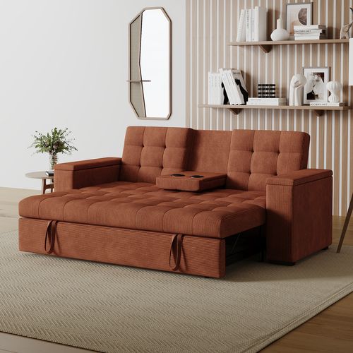 Noho - Canapé 3 Places Convertibles Terracotta Velours Côtelé