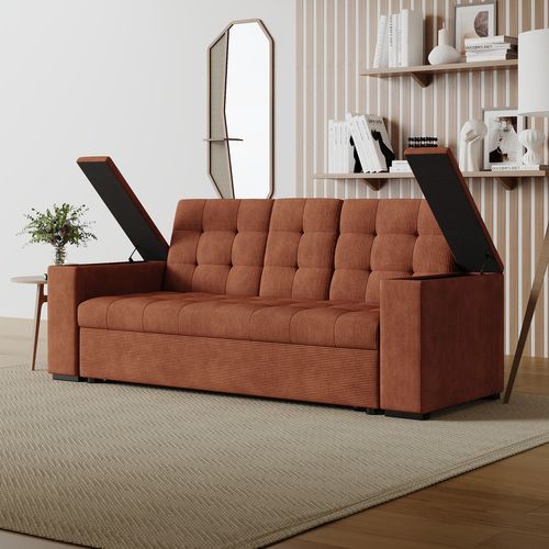 Noho - Canapé 3 Places Convertibles Terracotta Velours Côtelé