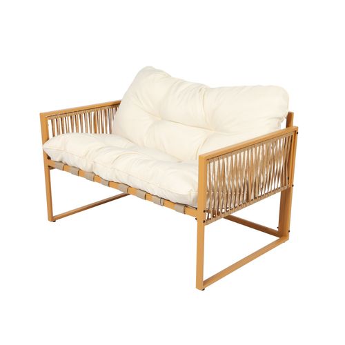 Turini - Salon De Jardin 4 Places Effet Rotin Coussins Blancs