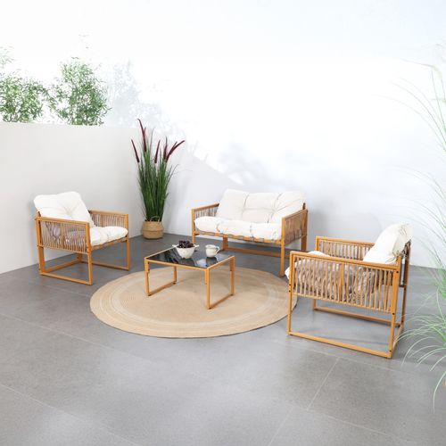 Turini - Salon De Jardin 4 Places Effet Rotin Coussins Blancs