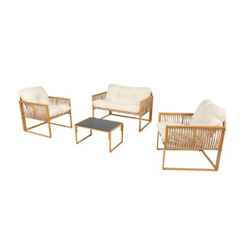 Turini - Salon De Jardin 4 Places Effet Rotin Coussins Blancs