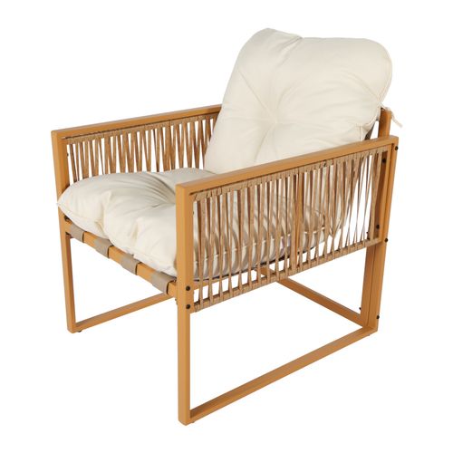 Turini - Salon De Jardin 4 Places Effet Rotin Coussins Blancs