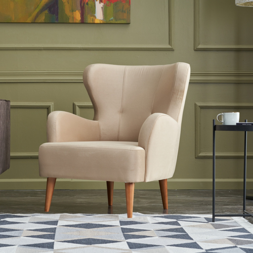 Smith - Fauteuil En Velours Beige Avec Accoudoirs