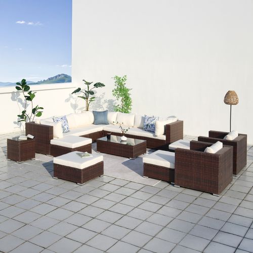 Stalla - Salon De Jardin Modulable 13/14 Places En Résine Tressée Marron Et Blanc